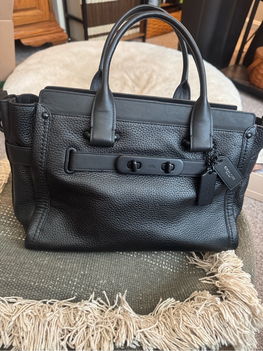 RARE Coach Matte Black on Black Pebbled Swagger 27 Leather Satchel